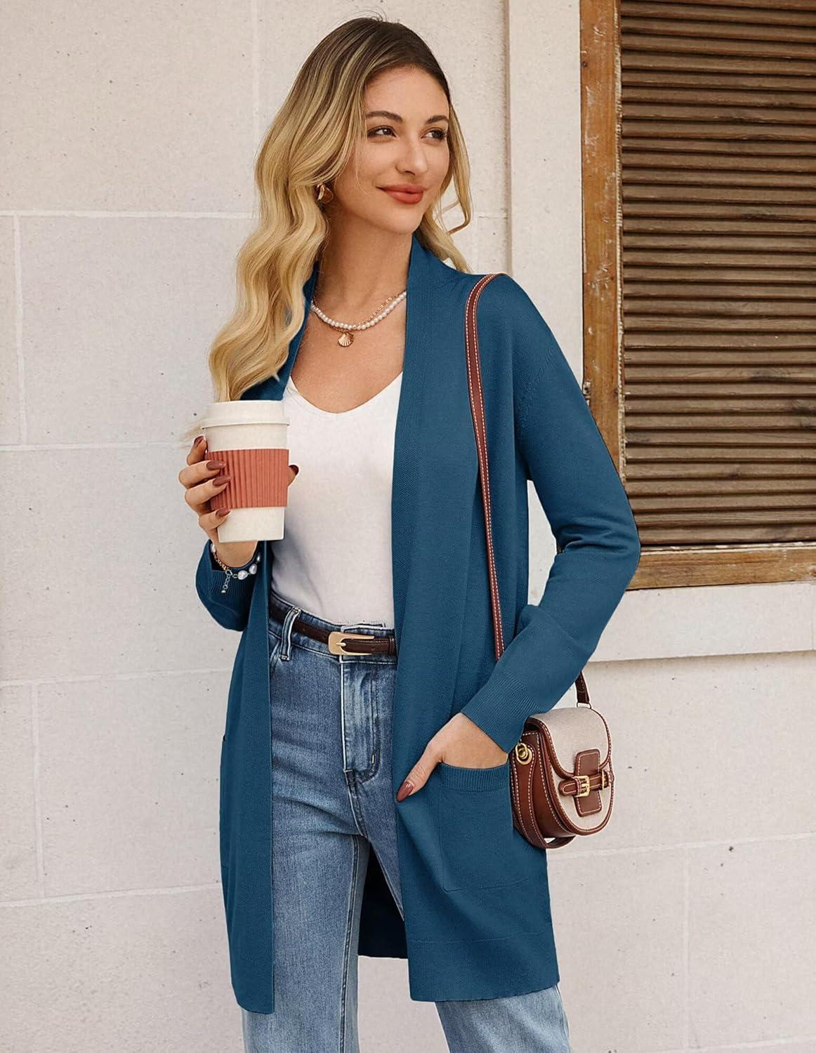 imageGRACE KARIN Womens Long Cardigan Sweater Open Front Classic Knitted Lightweight Sweater with PocketsCerulean