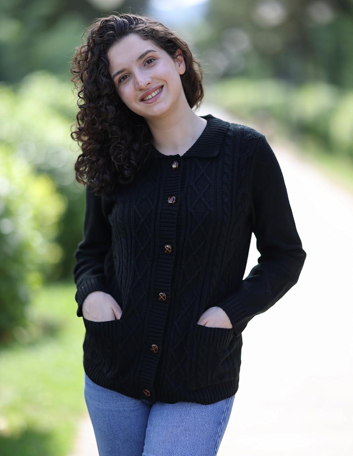 imageGRACE KARIN Womens Long Sleeve Cable Knit Cardigan Sweater Button Up Warm Chunky Cardigan Fall Winter Fashion ClothesBlack