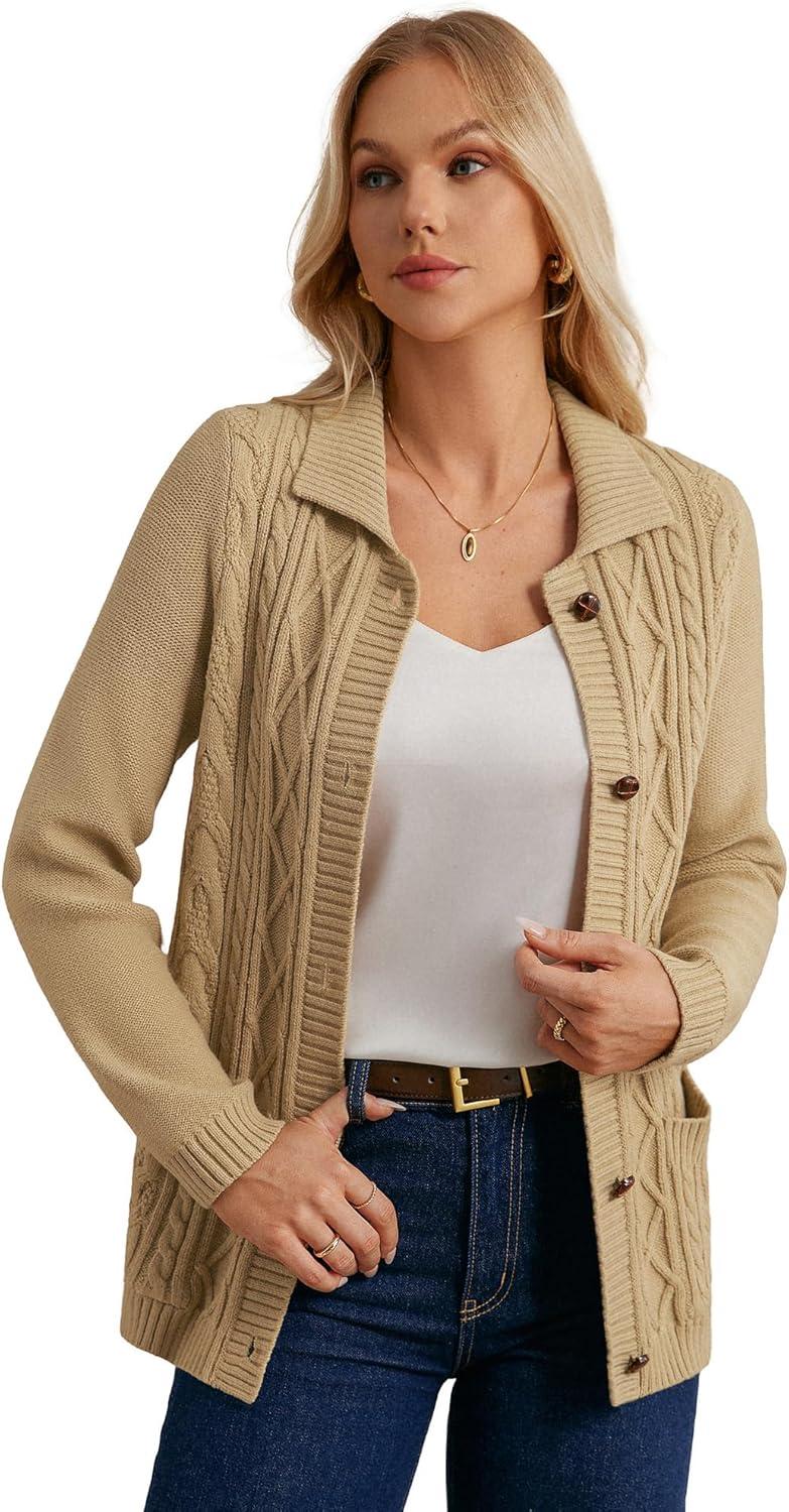 imageGRACE KARIN Womens Long Sleeve Cable Knit Cardigan Sweater Button Up Warm Chunky Cardigan Fall Winter Fashion ClothesKhaki