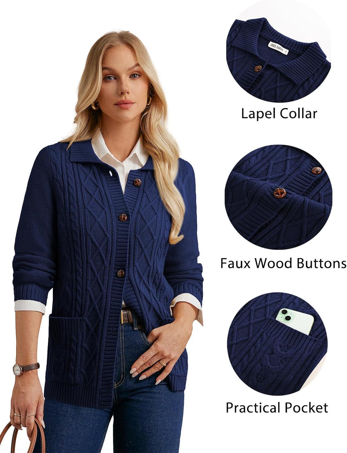 imageGRACE KARIN Womens Long Sleeve Cable Knit Cardigan Sweater Button Up Warm Chunky Cardigan Fall Winter Fashion ClothesNavy Blue