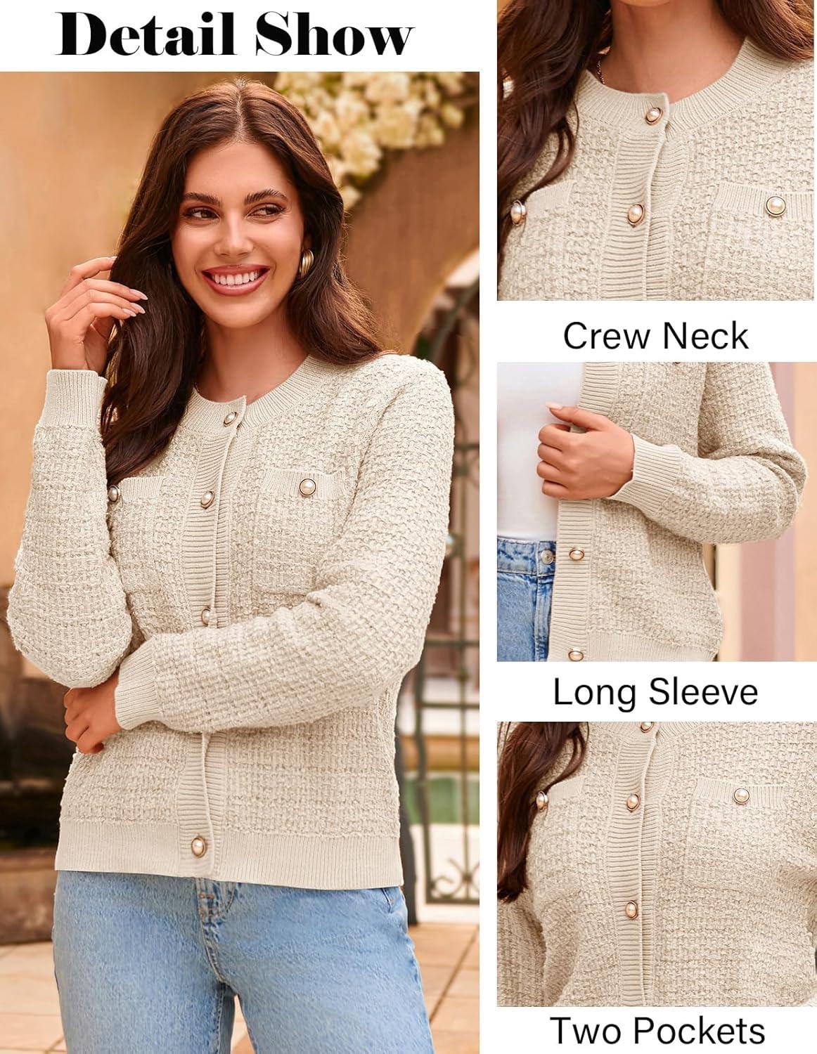 imageGRACE KARIN Womens Open Front Button Down Long Sleeve Texture Knit Cardigan Sweaters with PocketsBeige