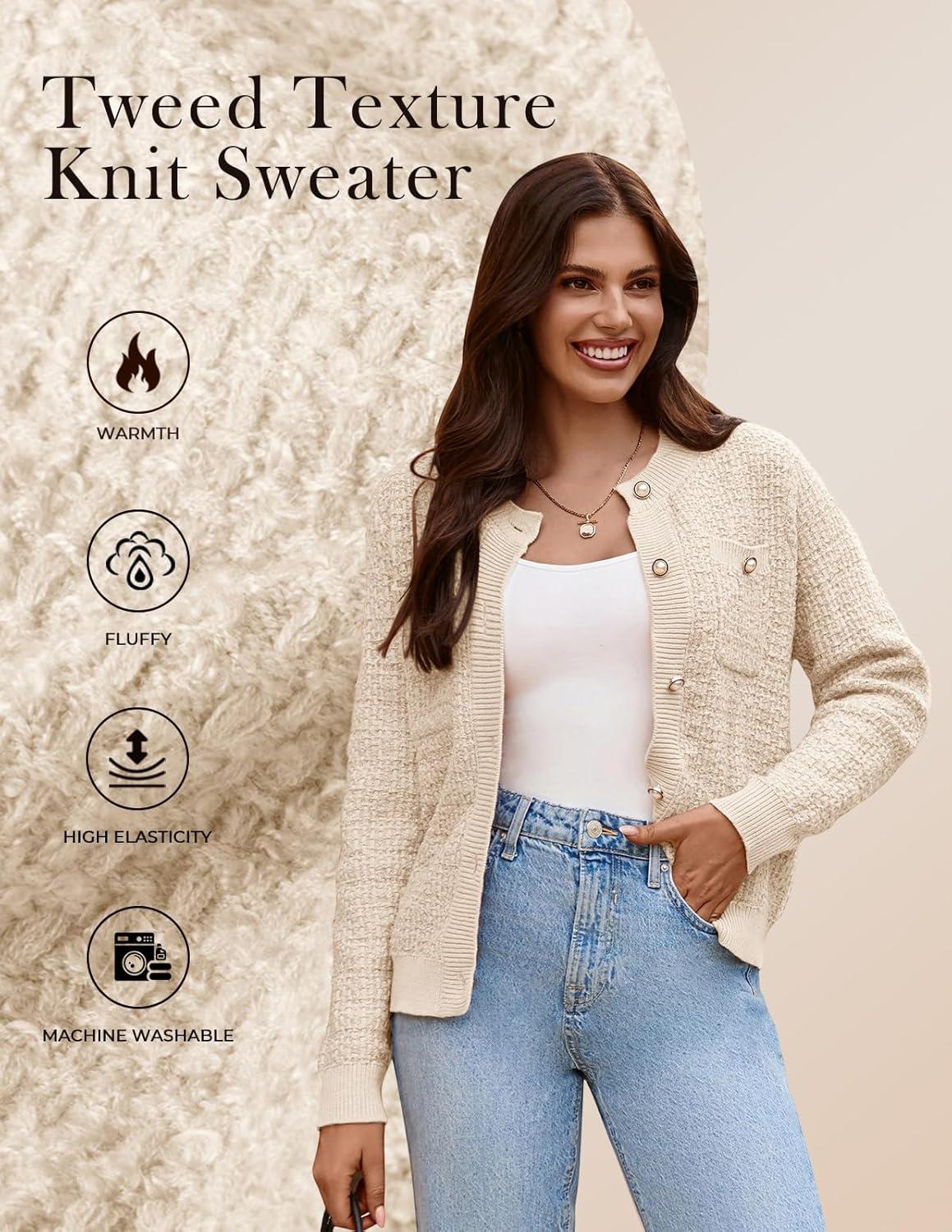 imageGRACE KARIN Womens Open Front Button Down Long Sleeve Texture Knit Cardigan Sweaters with PocketsBeige