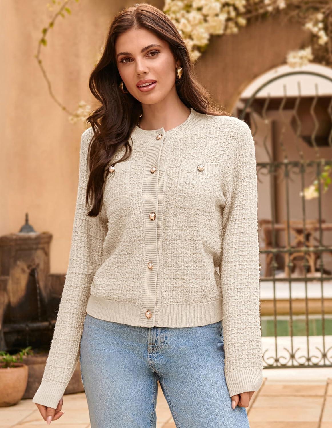 imageGRACE KARIN Womens Open Front Button Down Long Sleeve Texture Knit Cardigan Sweaters with PocketsBeige