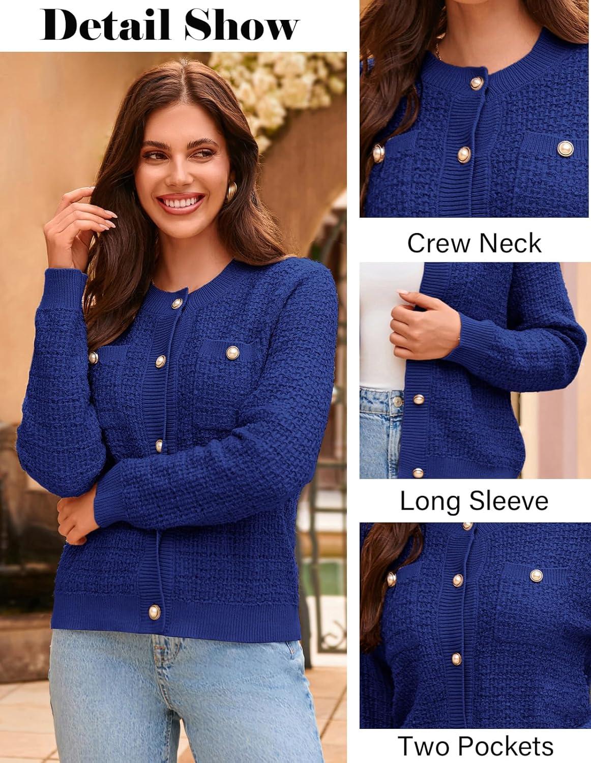 imageGRACE KARIN Womens Open Front Button Down Long Sleeve Texture Knit Cardigan Sweaters with PocketsDark Blue