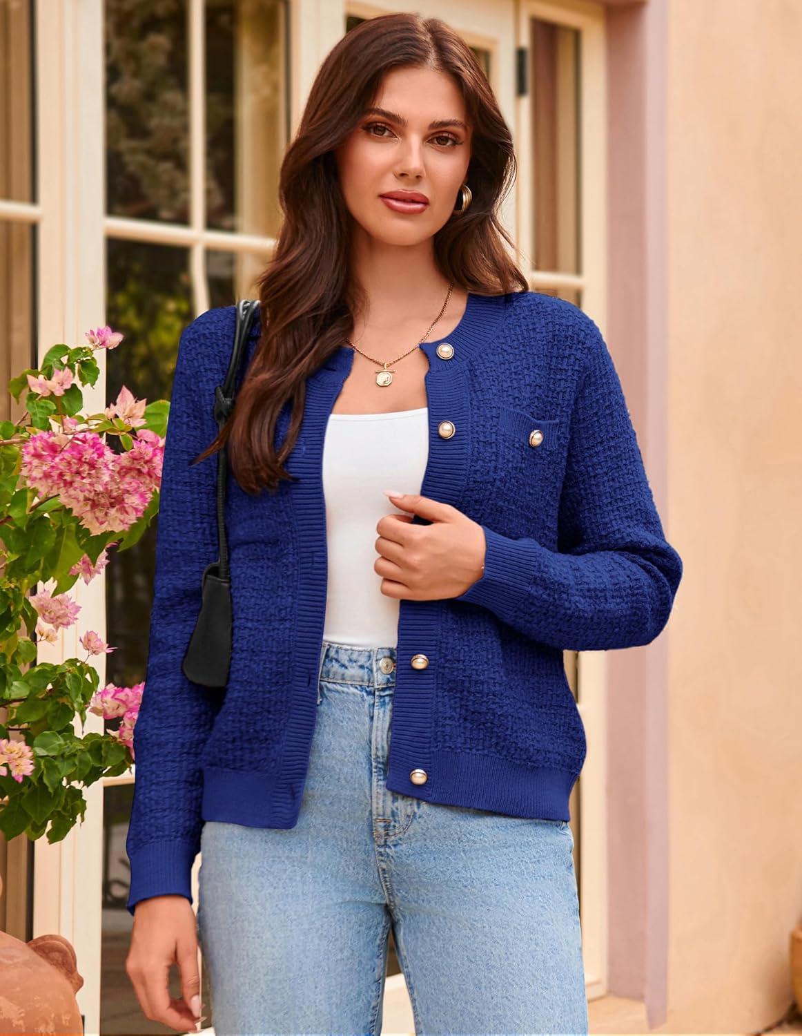 imageGRACE KARIN Womens Open Front Button Down Long Sleeve Texture Knit Cardigan Sweaters with PocketsDark Blue