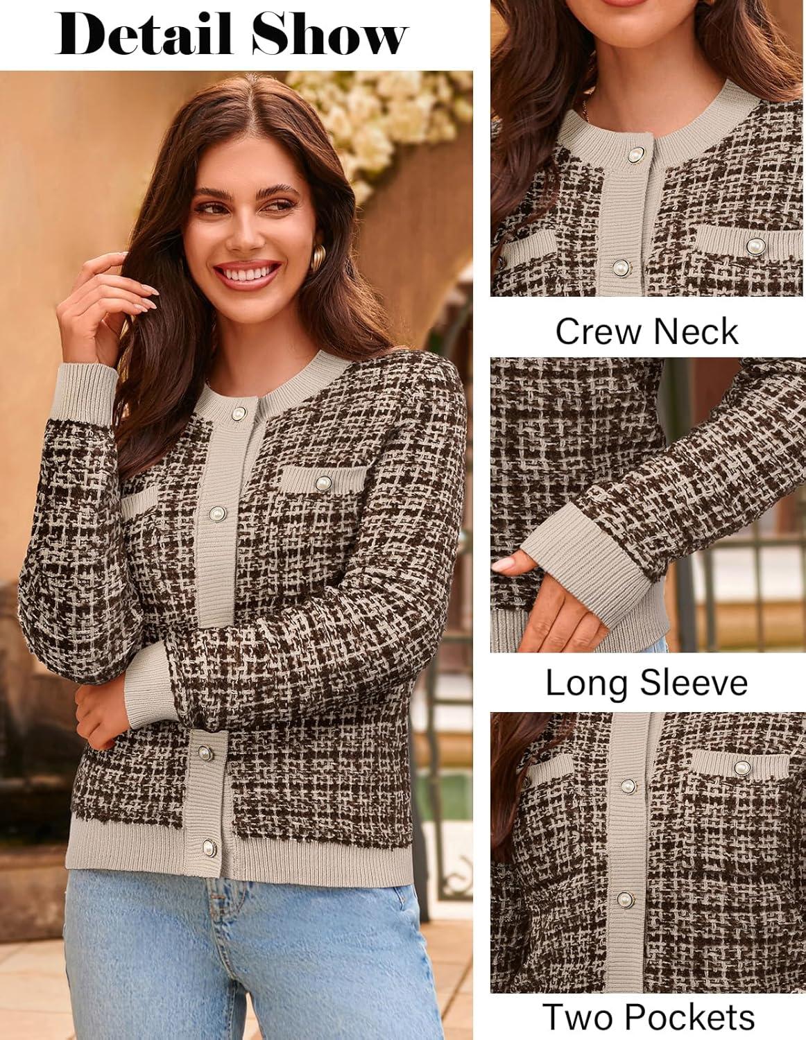 imageGRACE KARIN Womens Open Front Button Down Long Sleeve Texture Knit Cardigan Sweaters with PocketsMix Brown