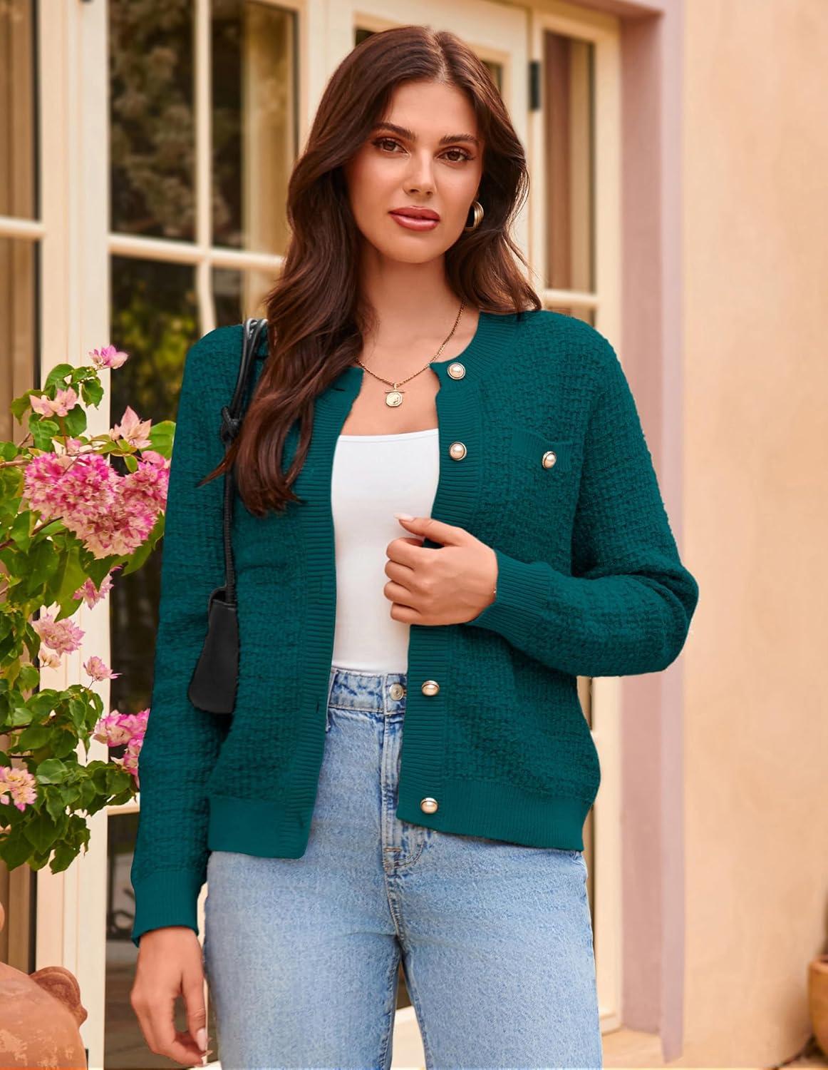 imageGRACE KARIN Womens Open Front Button Down Long Sleeve Texture Knit Cardigan Sweaters with PocketsTeal