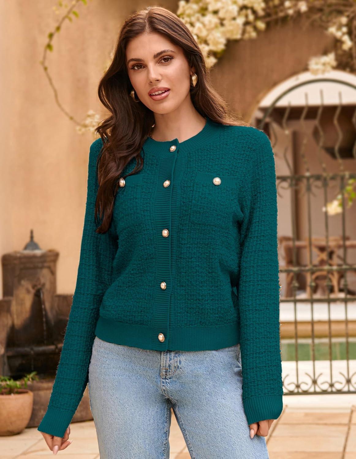 imageGRACE KARIN Womens Open Front Button Down Long Sleeve Texture Knit Cardigan Sweaters with PocketsTeal