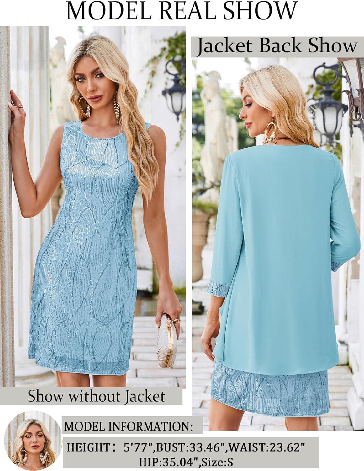 imageGRACE KARIN Womens Sequin Dress  Wedding Guest ampamp Mother of The Bride Formal Dress  Two Piece Knee LengthAqua Blue