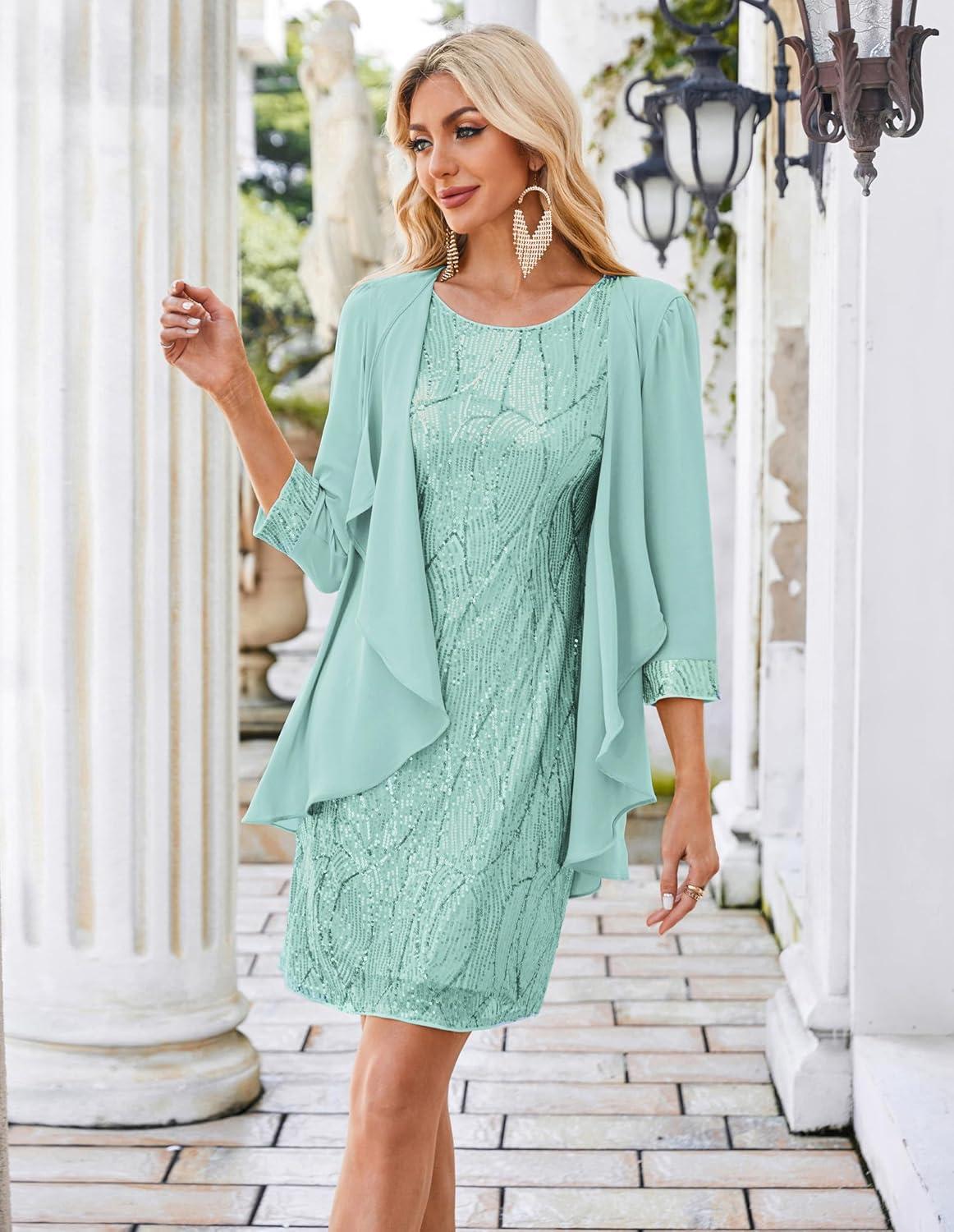 imageGRACE KARIN Womens Sequin Dress  Wedding Guest ampamp Mother of The Bride Formal Dress  Two Piece Knee LengthAqua Green