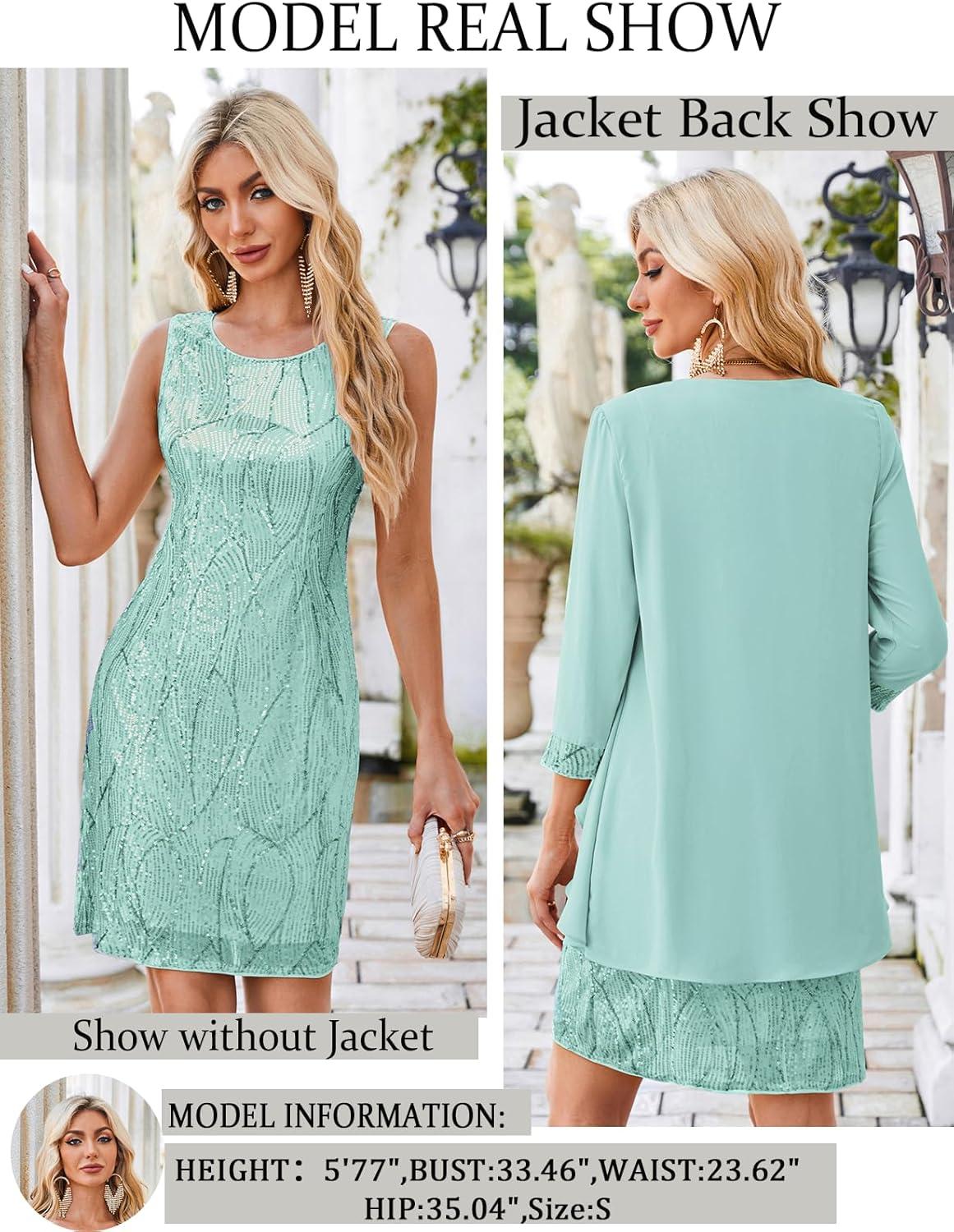 imageGRACE KARIN Womens Sequin Dress  Wedding Guest ampamp Mother of The Bride Formal Dress  Two Piece Knee LengthAqua Green