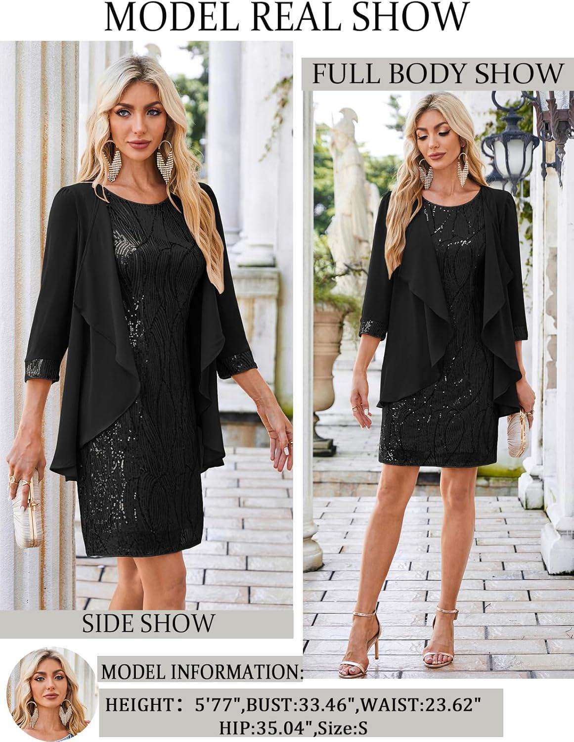 imageGRACE KARIN Womens Sequin Dress  Wedding Guest ampamp Mother of The Bride Formal Dress  Two Piece Knee LengthBlack