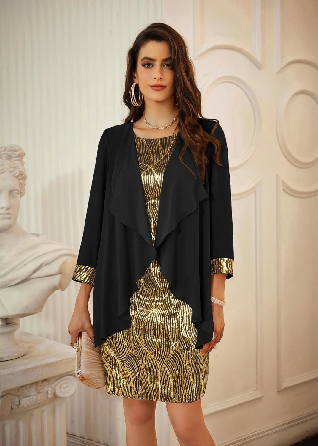 imageGRACE KARIN Womens Sequin Dress  Wedding Guest ampamp Mother of The Bride Formal Dress  Two Piece Knee LengthBlack Gold