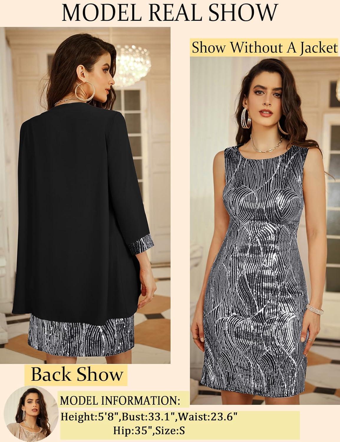 imageGRACE KARIN Womens Sequin Dress  Wedding Guest ampamp Mother of The Bride Formal Dress  Two Piece Knee LengthBlack Silver