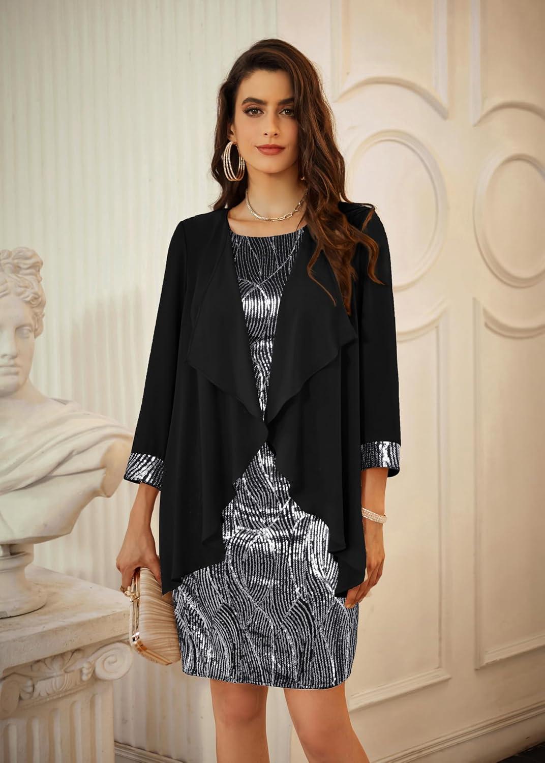 imageGRACE KARIN Womens Sequin Dress  Wedding Guest ampamp Mother of The Bride Formal Dress  Two Piece Knee LengthBlack Silver