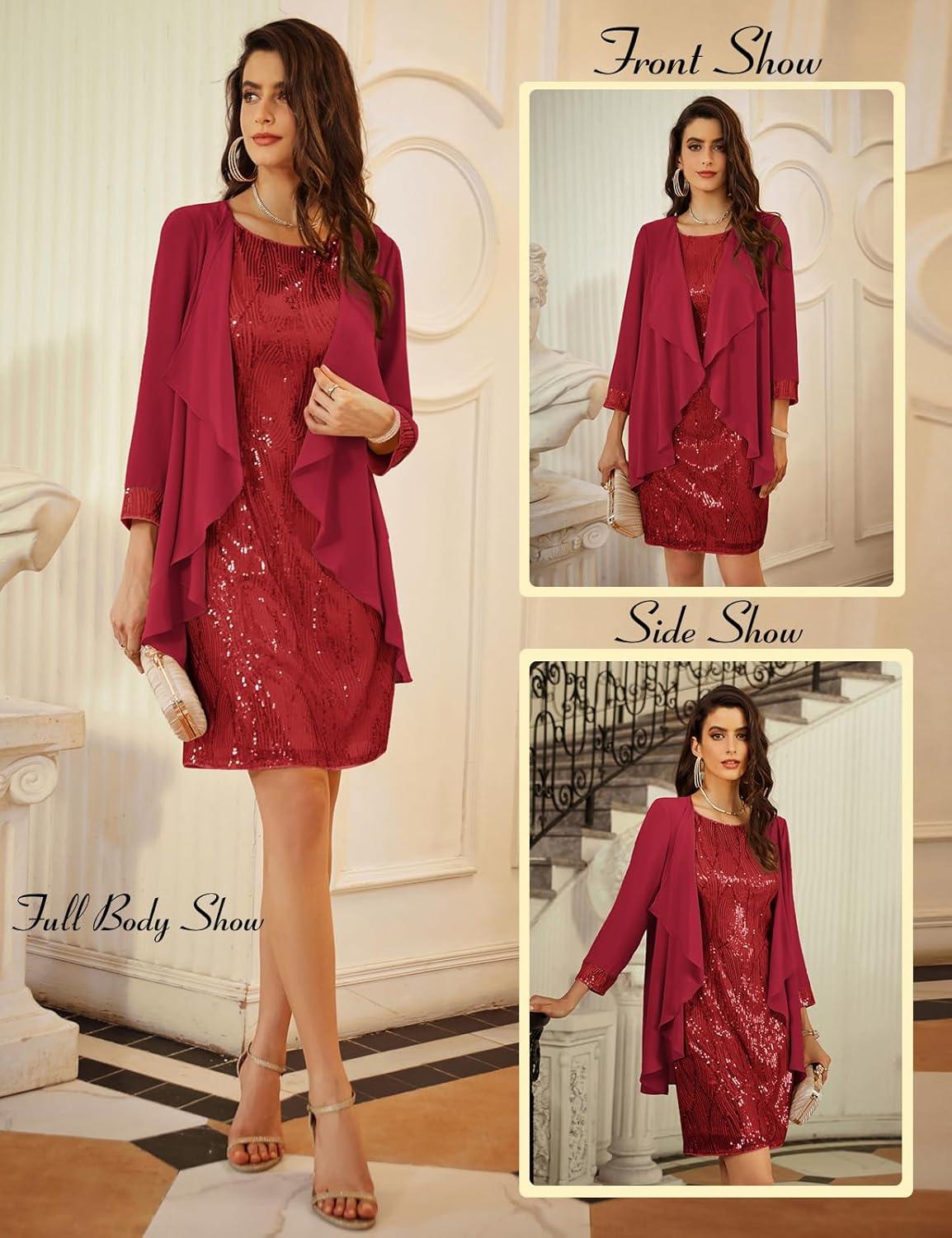 imageGRACE KARIN Womens Sequin Dress  Wedding Guest ampamp Mother of The Bride Formal Dress  Two Piece Knee LengthBright Red