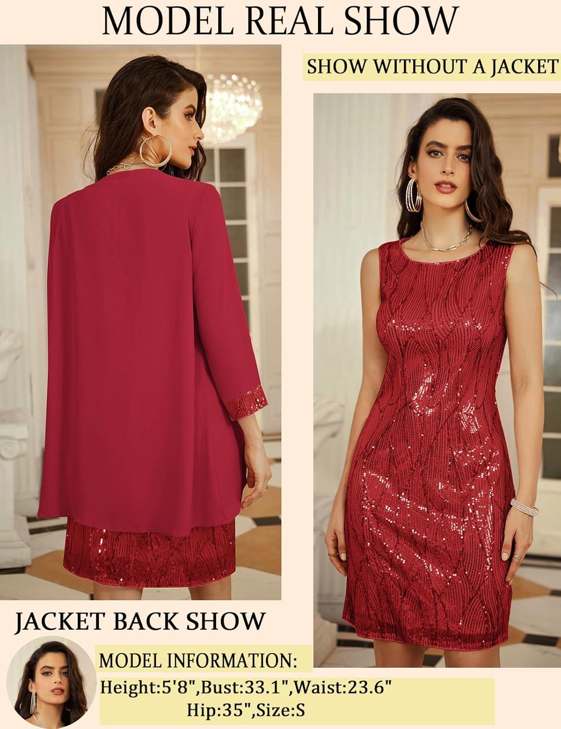 imageGRACE KARIN Womens Sequin Dress  Wedding Guest ampamp Mother of The Bride Formal Dress  Two Piece Knee LengthBright Red