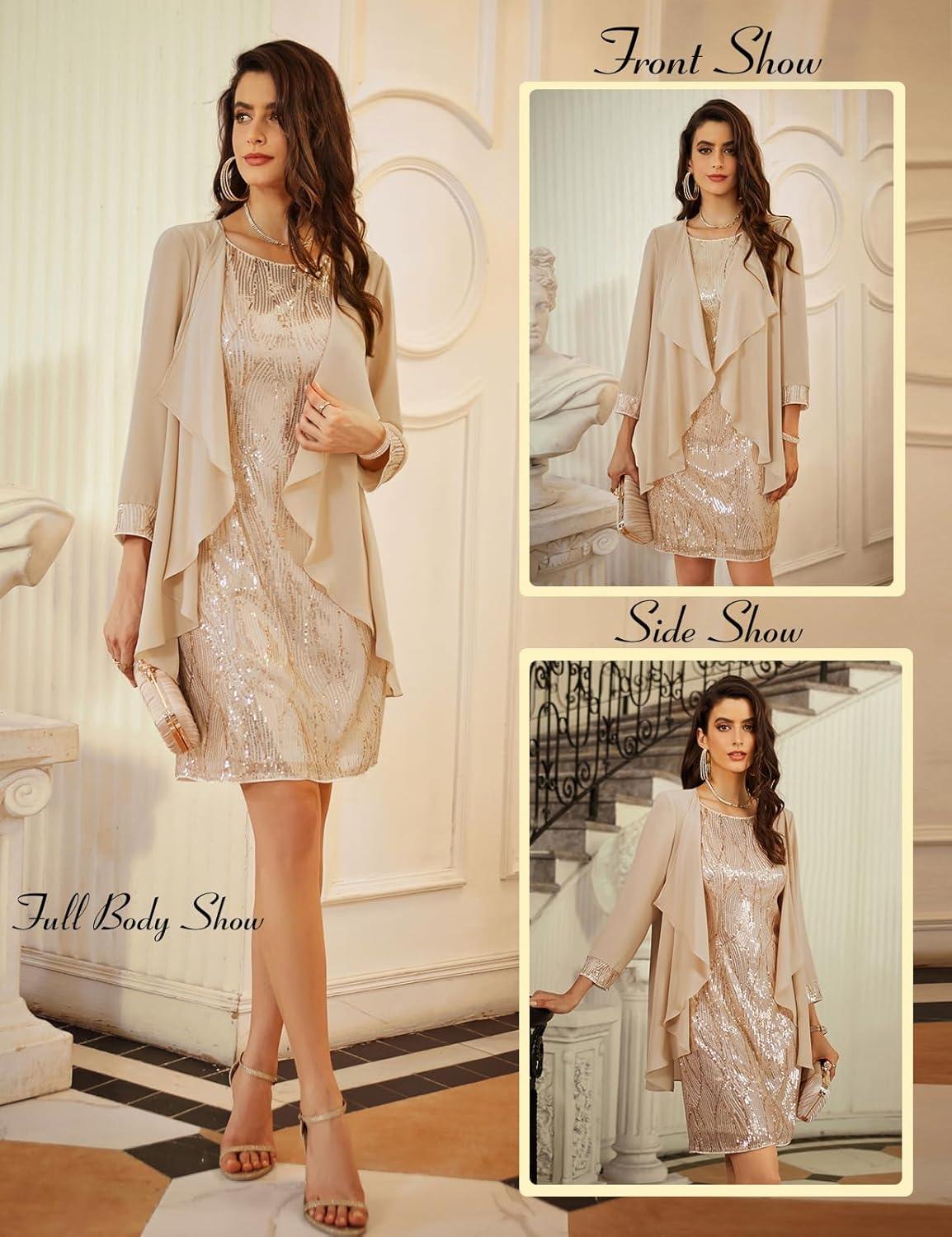 imageGRACE KARIN Womens Sequin Dress  Wedding Guest ampamp Mother of The Bride Formal Dress  Two Piece Knee LengthChampagne Gold