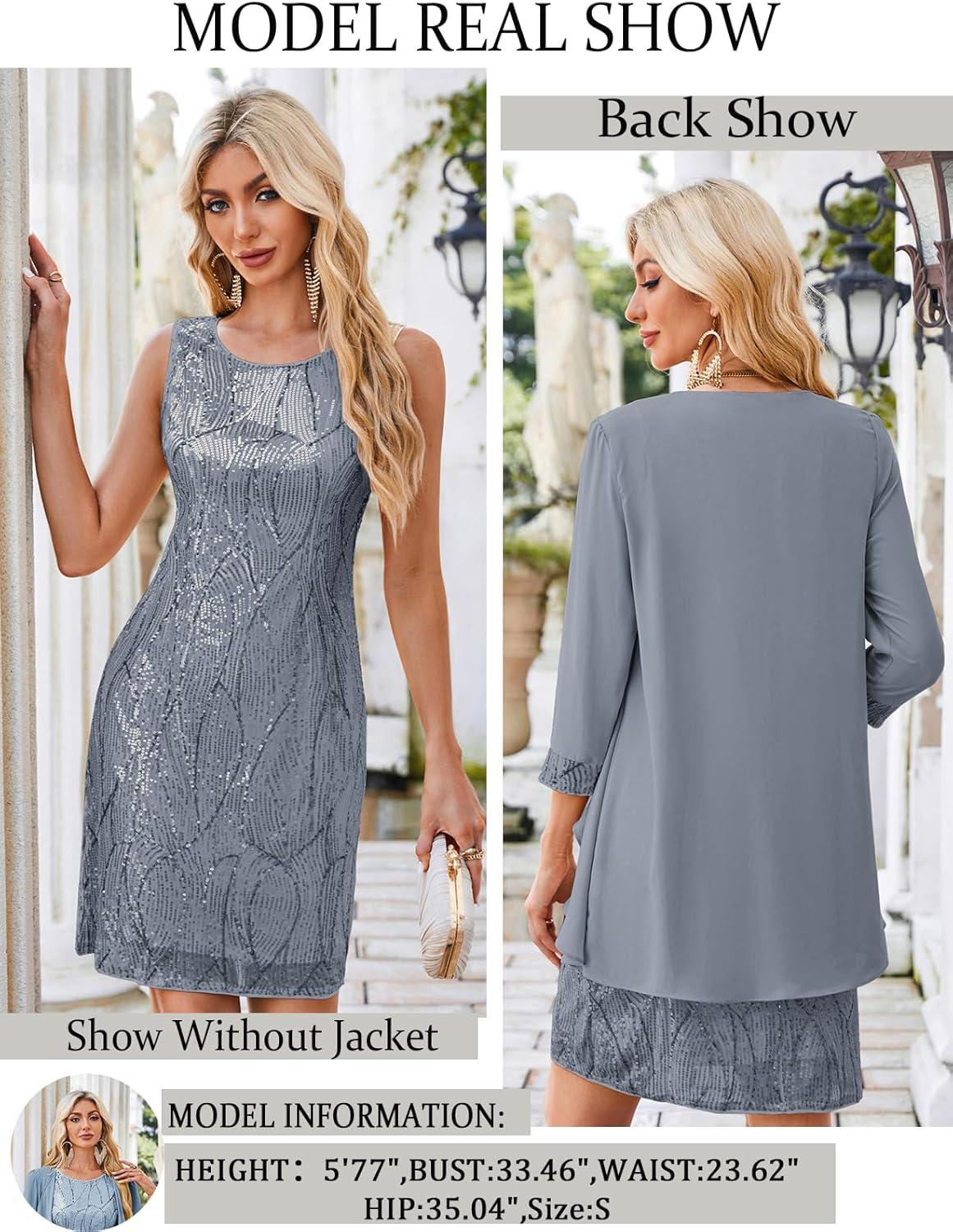 imageGRACE KARIN Womens Sequin Dress  Wedding Guest ampamp Mother of The Bride Formal Dress  Two Piece Knee LengthDark Gray