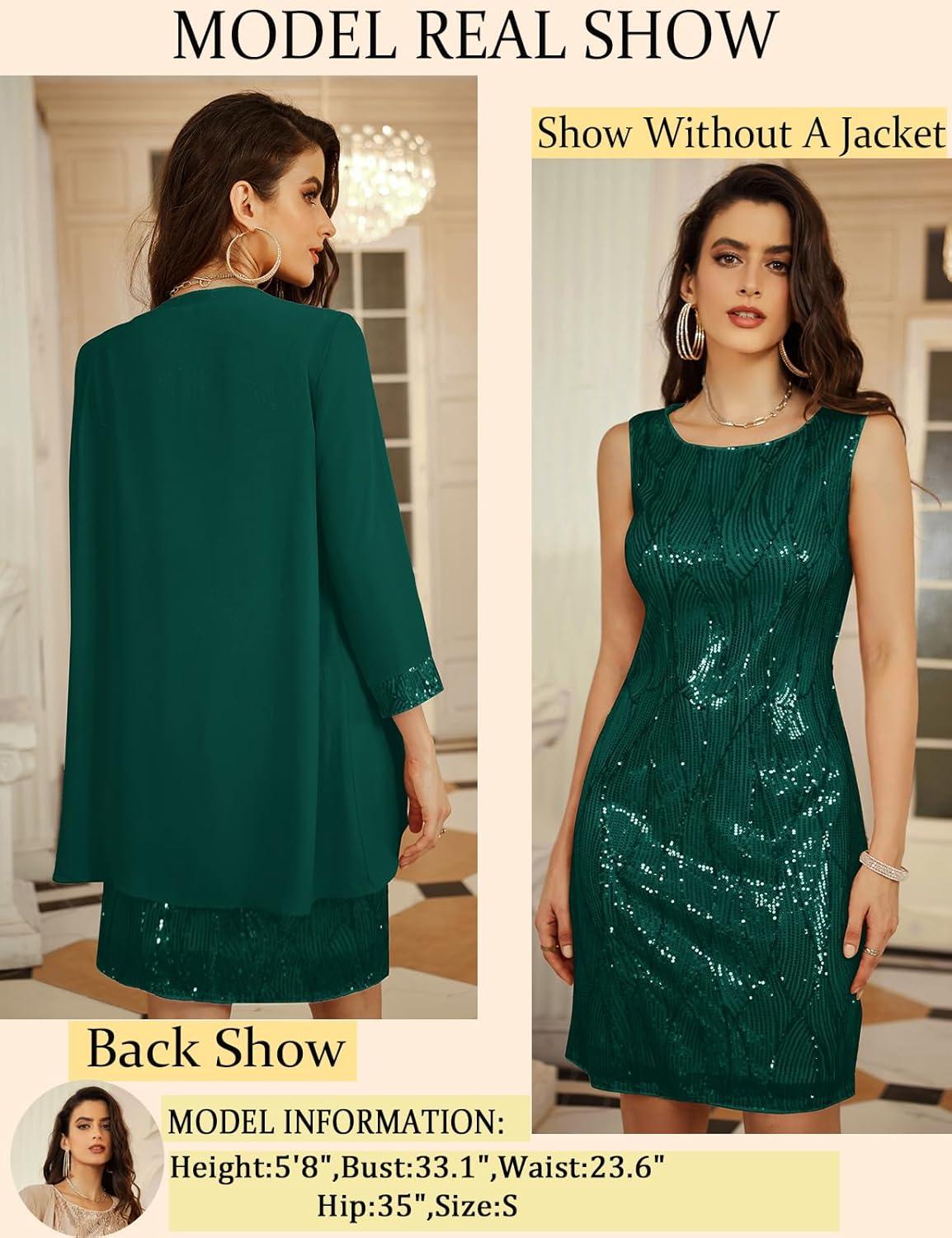 imageGRACE KARIN Womens Sequin Dress  Wedding Guest ampamp Mother of The Bride Formal Dress  Two Piece Knee LengthDark Green