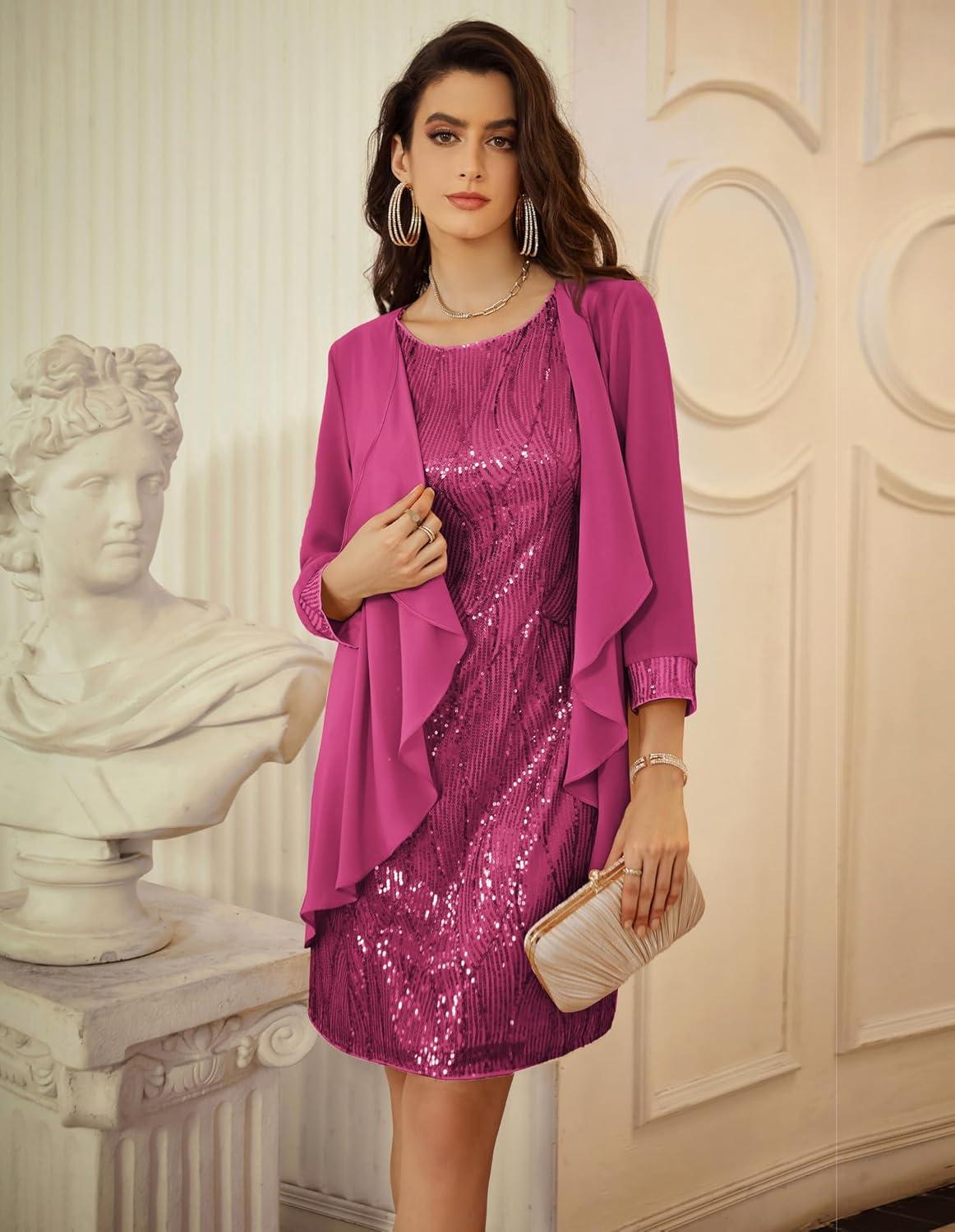 imageGRACE KARIN Womens Sequin Dress  Wedding Guest ampamp Mother of The Bride Formal Dress  Two Piece Knee LengthDeep Rose Red