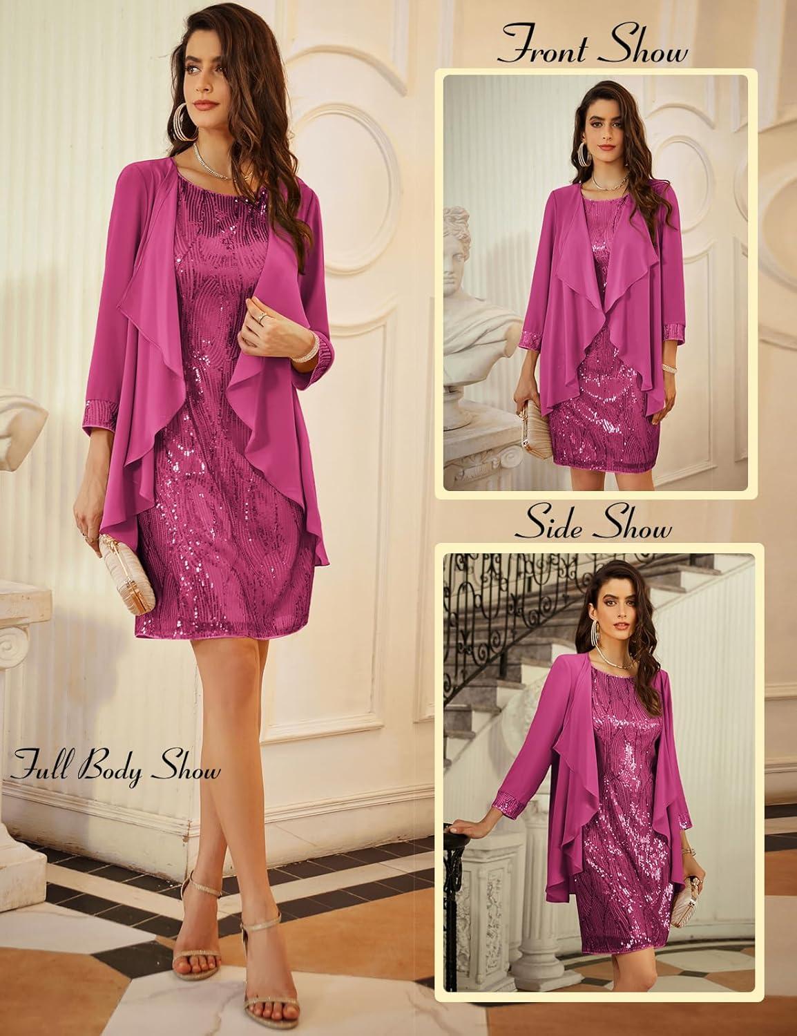 imageGRACE KARIN Womens Sequin Dress  Wedding Guest ampamp Mother of The Bride Formal Dress  Two Piece Knee LengthDeep Rose Red