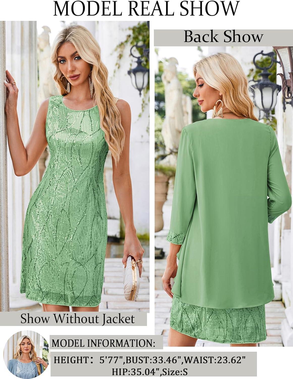 imageGRACE KARIN Womens Sequin Dress  Wedding Guest ampamp Mother of The Bride Formal Dress  Two Piece Knee LengthGrass Green