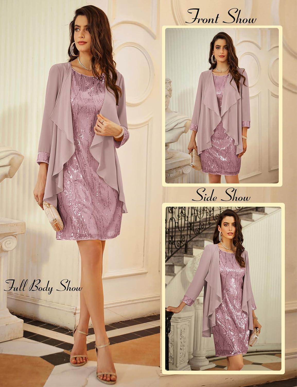 imageGRACE KARIN Womens Sequin Dress  Wedding Guest ampamp Mother of The Bride Formal Dress  Two Piece Knee LengthGray Purple