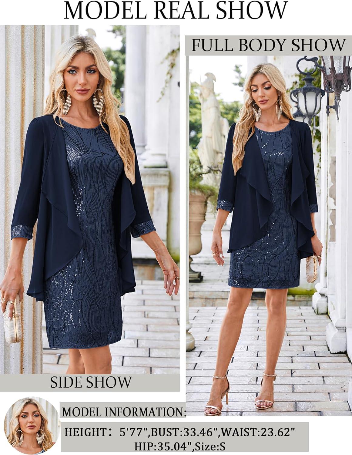 imageGRACE KARIN Womens Sequin Dress  Wedding Guest ampamp Mother of The Bride Formal Dress  Two Piece Knee LengthGrey Blue