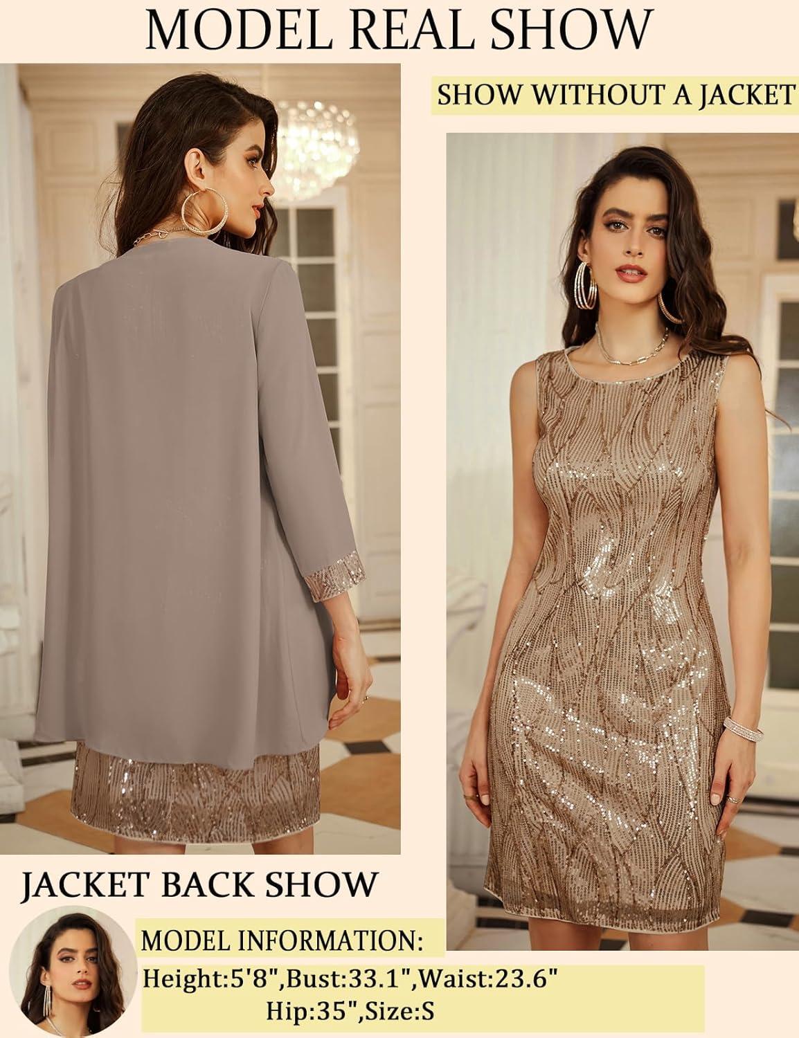 imageGRACE KARIN Womens Sequin Dress  Wedding Guest ampamp Mother of The Bride Formal Dress  Two Piece Knee LengthKhaki Gray