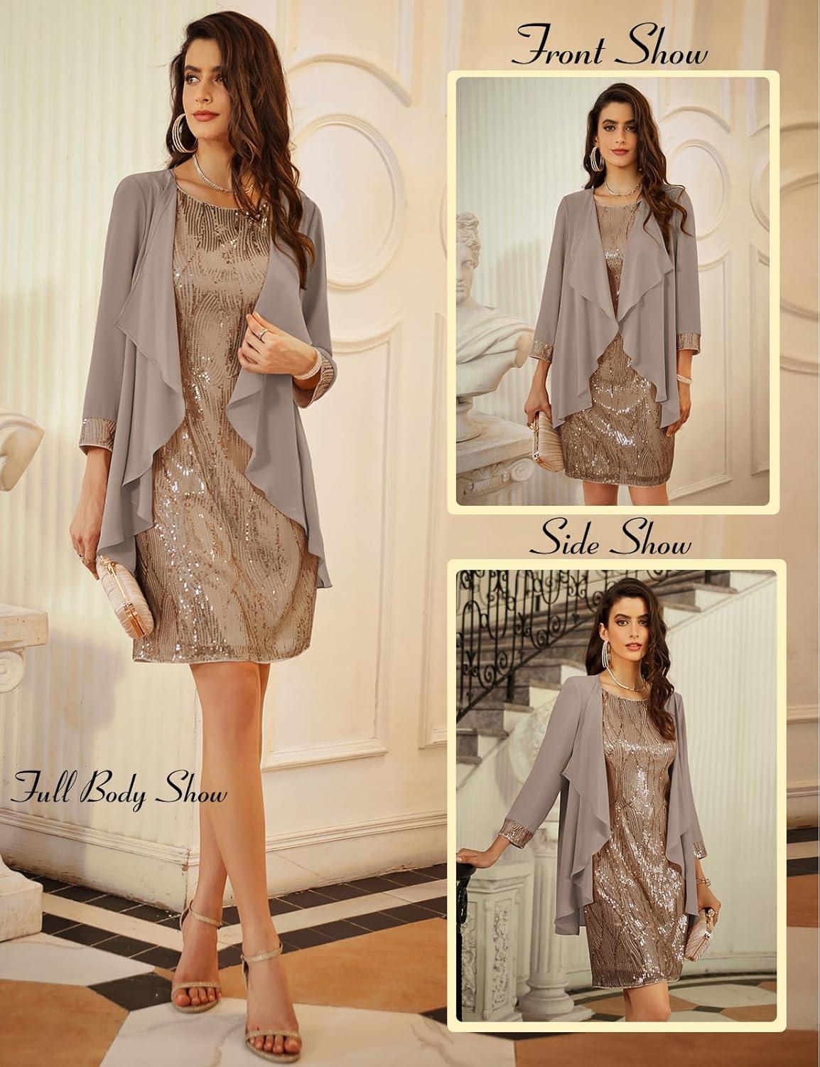 imageGRACE KARIN Womens Sequin Dress  Wedding Guest ampamp Mother of The Bride Formal Dress  Two Piece Knee LengthKhaki Gray