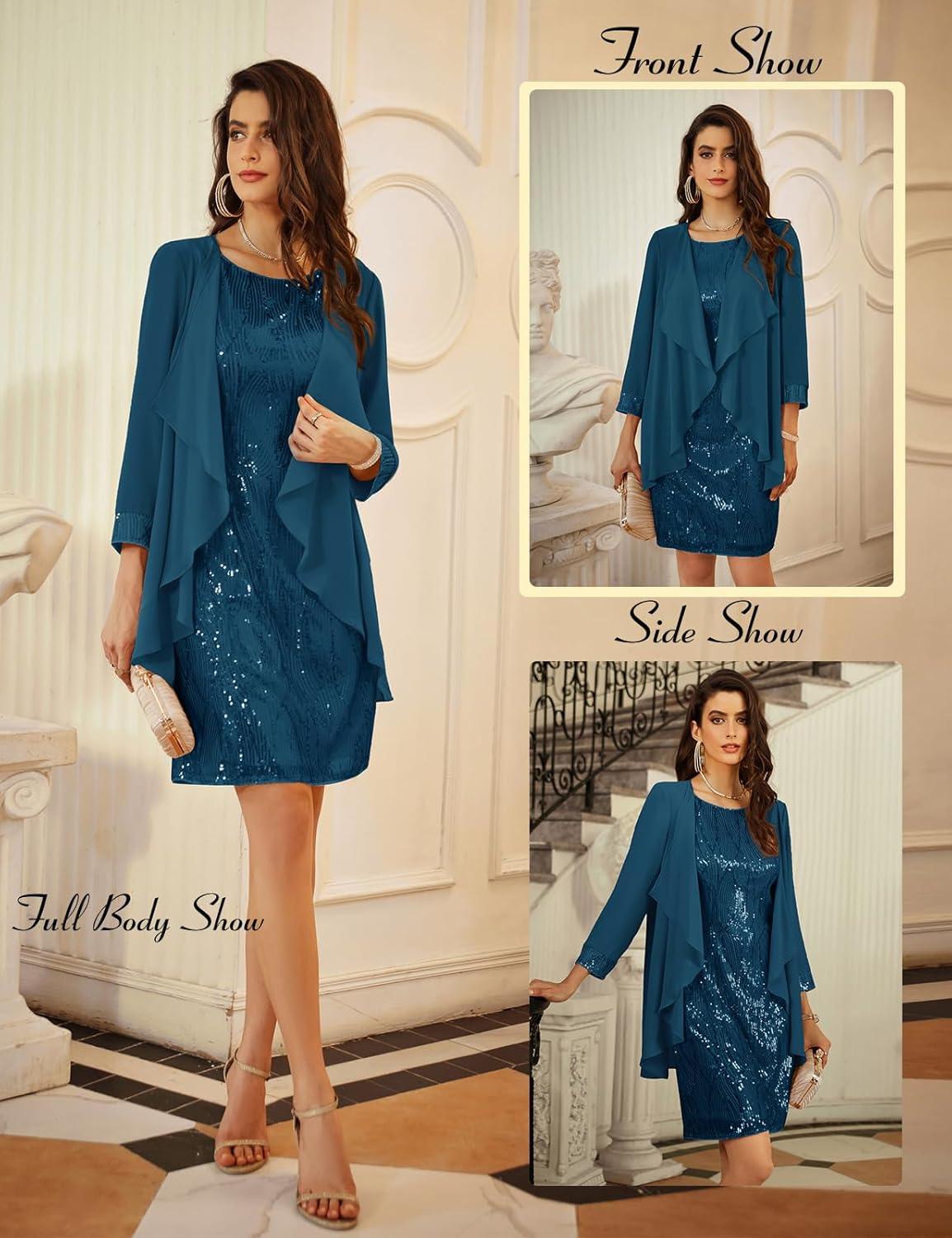 imageGRACE KARIN Womens Sequin Dress  Wedding Guest ampamp Mother of The Bride Formal Dress  Two Piece Knee LengthPeacock Blue