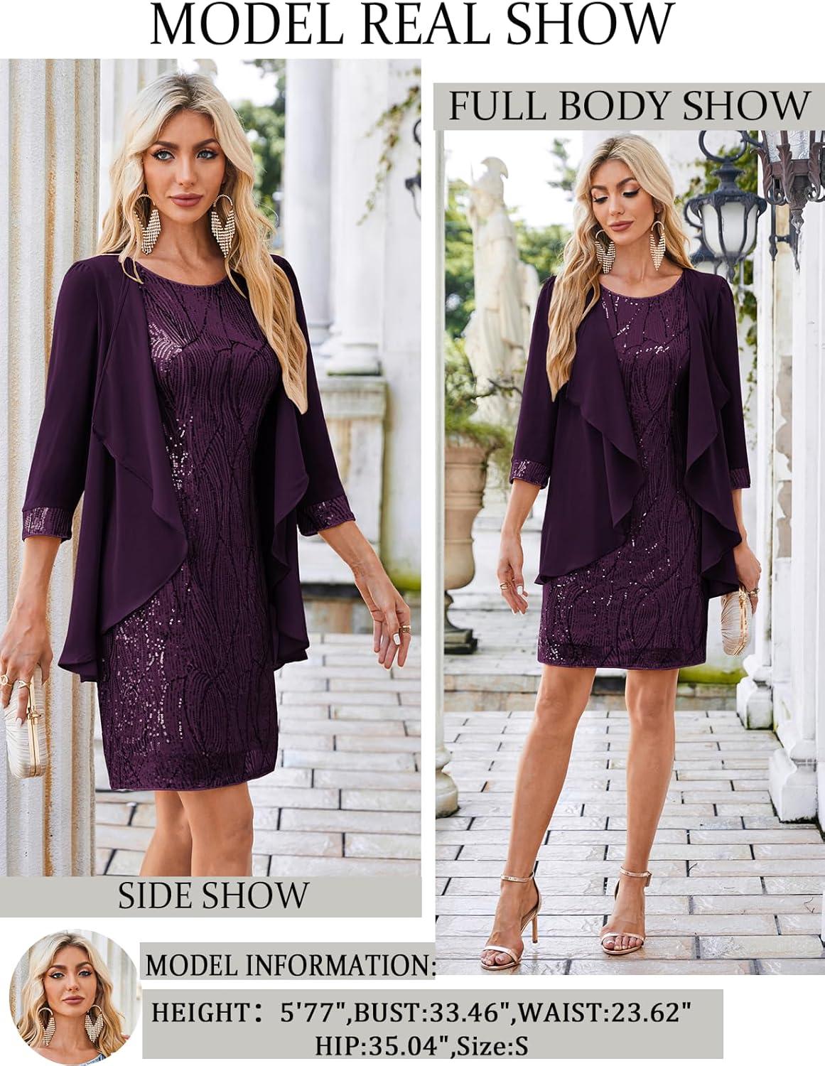 imageGRACE KARIN Womens Sequin Dress  Wedding Guest ampamp Mother of The Bride Formal Dress  Two Piece Knee LengthPurple