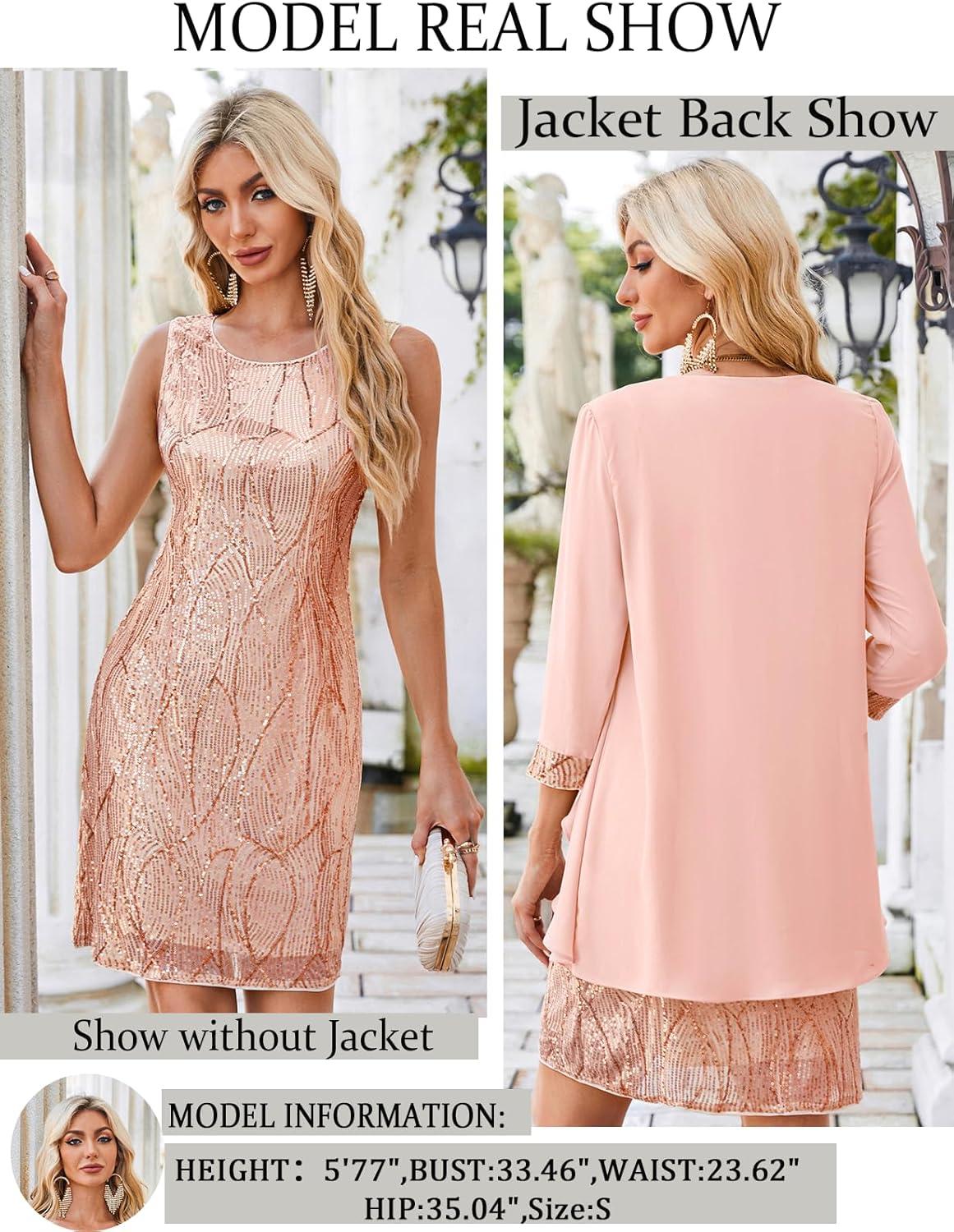 imageGRACE KARIN Womens Sequin Dress  Wedding Guest ampamp Mother of The Bride Formal Dress  Two Piece Knee LengthRose Gold