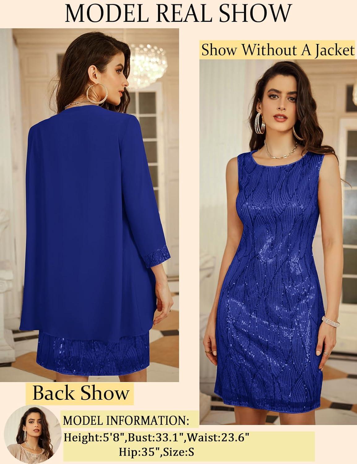 imageGRACE KARIN Womens Sequin Dress  Wedding Guest ampamp Mother of The Bride Formal Dress  Two Piece Knee LengthRoyal Blue