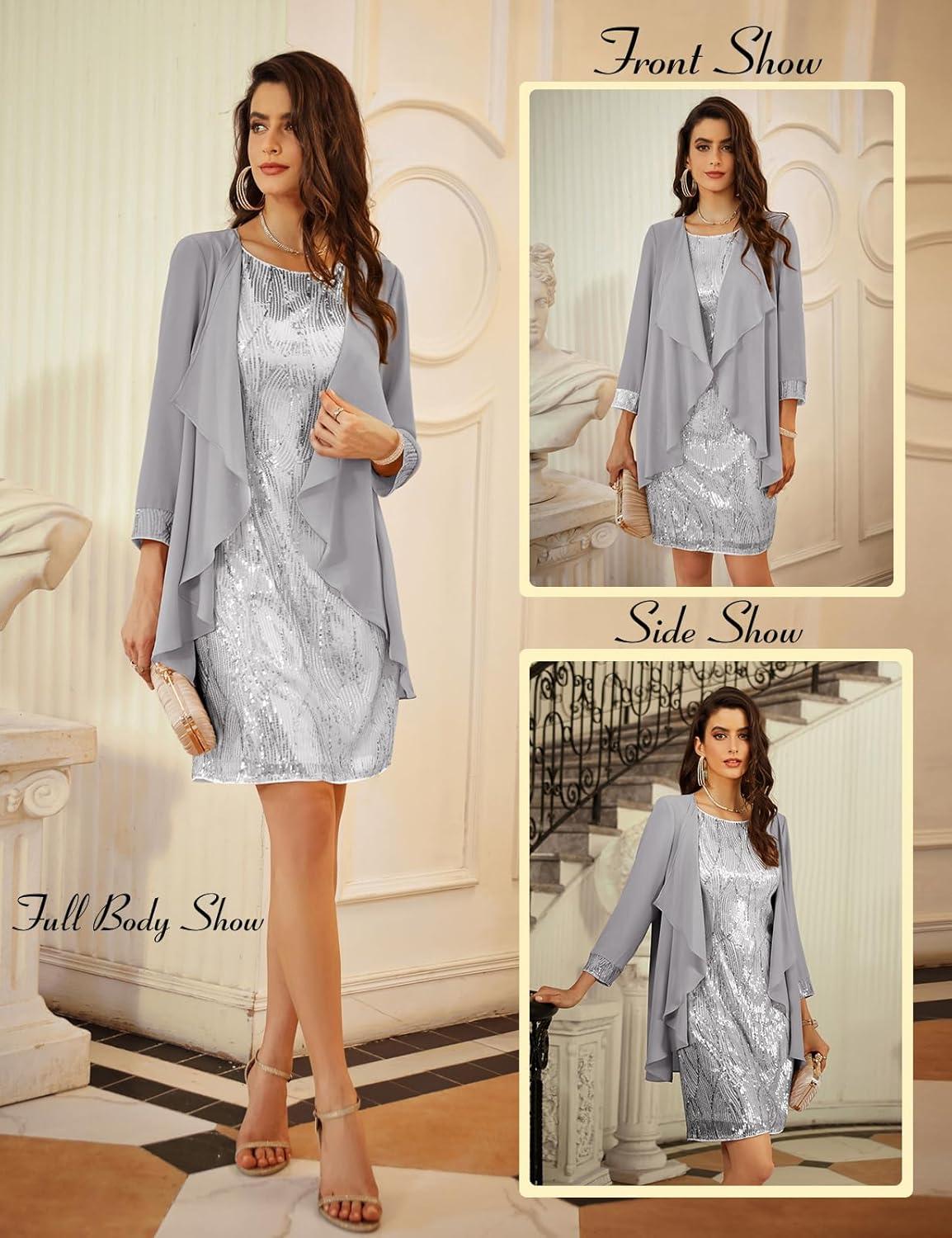 imageGRACE KARIN Womens Sequin Dress  Wedding Guest ampamp Mother of The Bride Formal Dress  Two Piece Knee LengthSilver