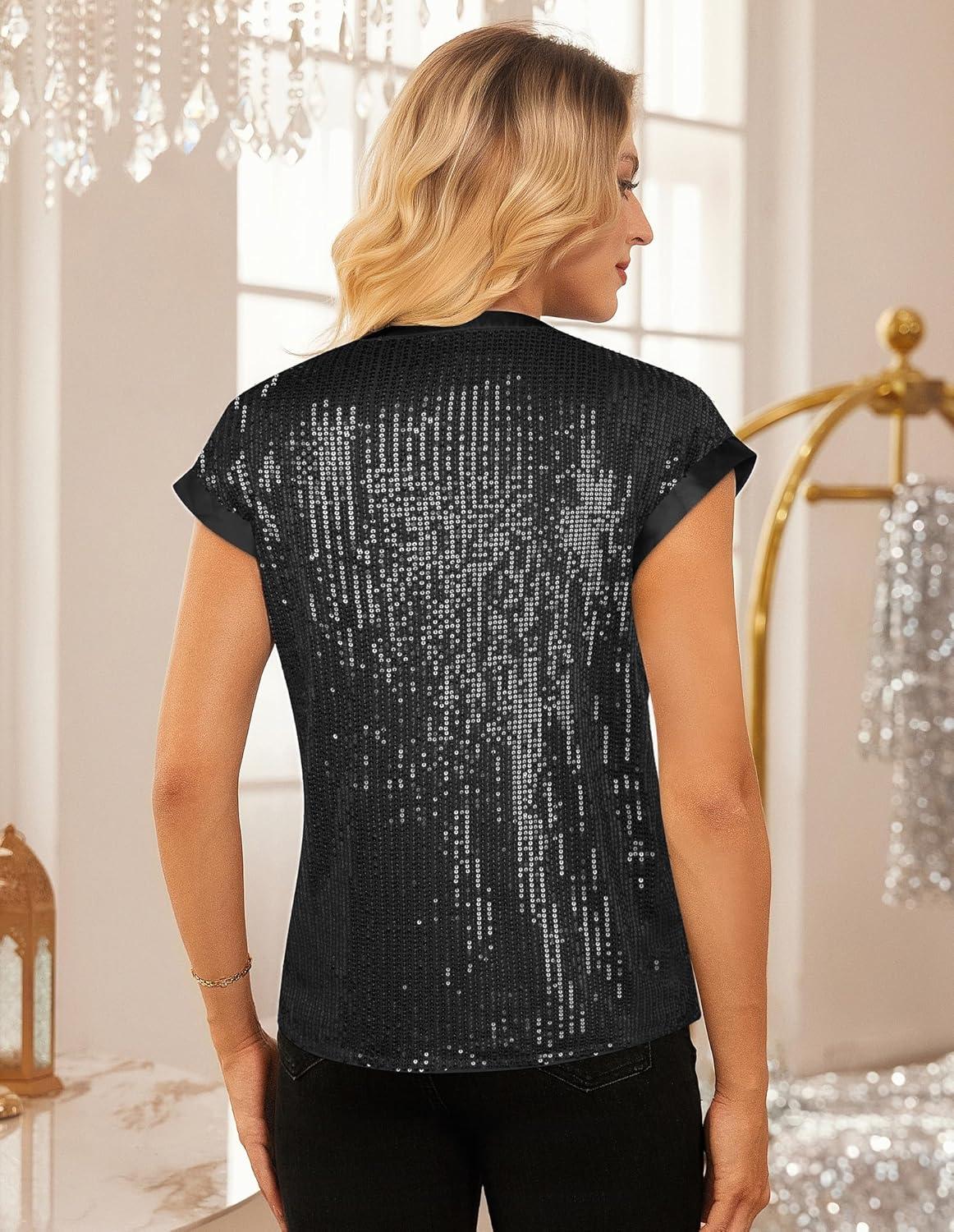 imageGRACE KARIN Womens Sequin Sparkly Tops Cap Sleeve Dressy Blouses Glitter Party Tops V Neck Disco Shirts Club Concert OutfitsBlack
