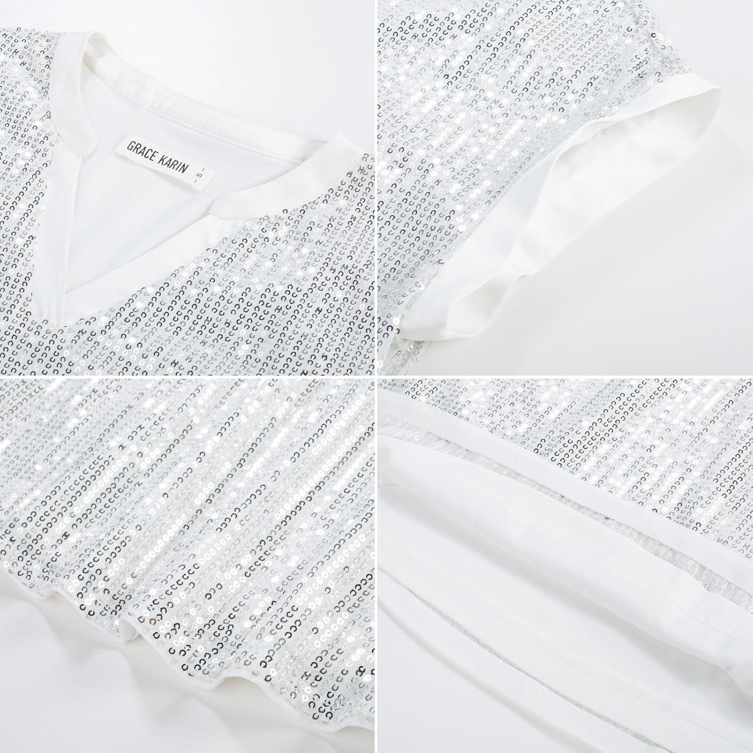 imageGRACE KARIN Womens Sequin Sparkly Tops Cap Sleeve Dressy Blouses Glitter Party Tops V Neck Disco Shirts Club Concert OutfitsSilver