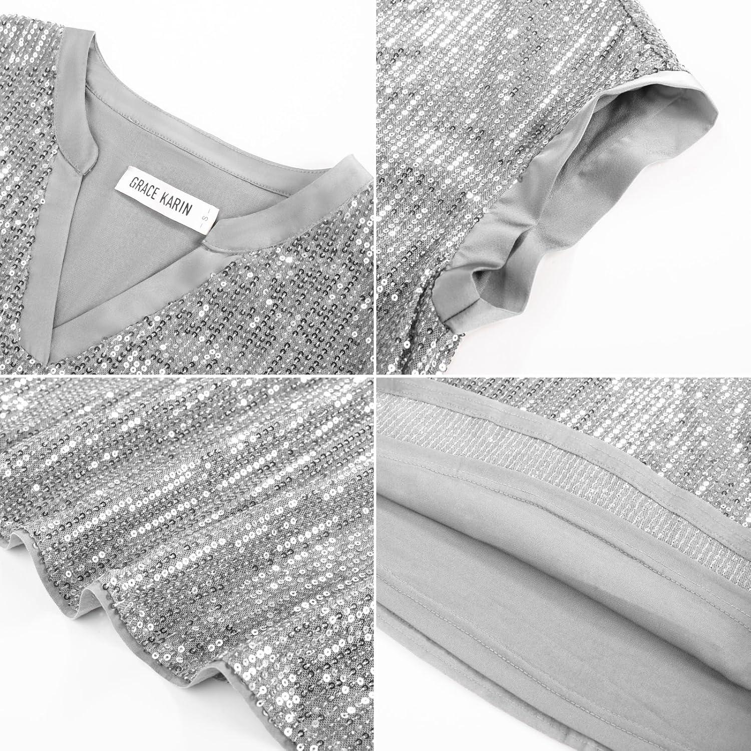 imageGRACE KARIN Womens Sequin Sparkly Tops Cap Sleeve Dressy Blouses Glitter Party Tops V Neck Disco Shirts Club Concert OutfitsSilver Grey