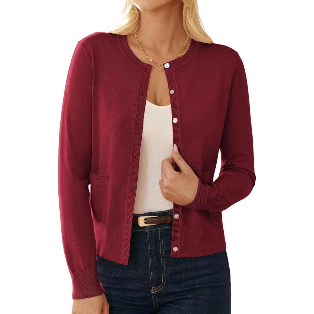 imageGRACE KARIN Cardigan Sweaters for Women Fall Fashion Crew Neck Button up Cardigan Long Sleeve Lightweight Cardigans 2025Red