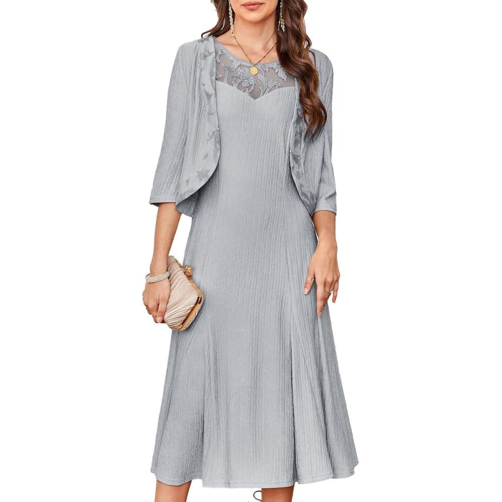 imageGRACE KARIN Grandma of The Bridal DressWeddings Cocktail Evening Dresse for Women Lace Sequins Midi Dresses with JacketsLight Gray