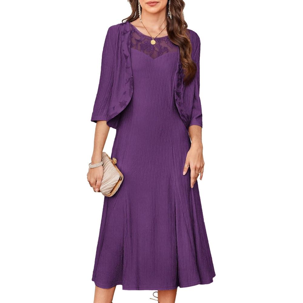 imageGRACE KARIN Grandma of The Bridal DressWeddings Cocktail Evening Dresse for Women Lace Sequins Midi Dresses with JacketsPurple