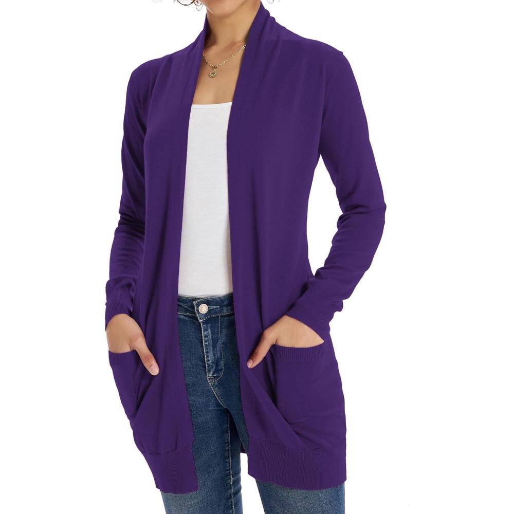 imageGRACE KARIN Women Lightweight Cardigan Sweaters with Pocket Long Sleeve ShrugsDark Purple