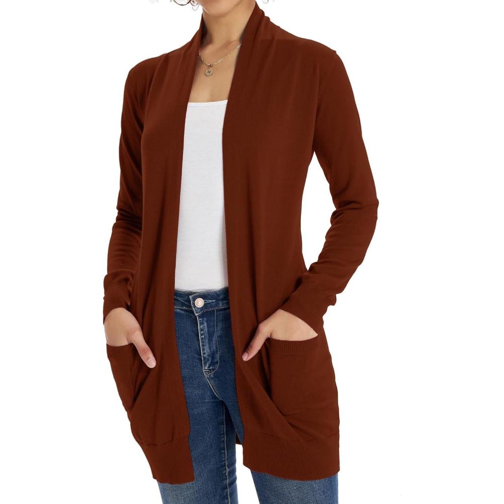 imageGRACE KARIN Women Lightweight Cardigan Sweaters with Pocket Long Sleeve ShrugsRusset Brown