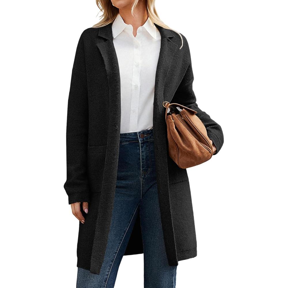 imageGRACE KARIN Women Long Sweater Blazers 2025 Open Front Knit Cardigan Dressy Soft Lapel Jacket with PocketsBlack