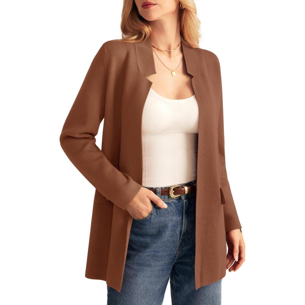 imageGRACE KARIN Womens 2025 Long Sleeve Open Front Knit Cardigan Notch Collar Sweater Blazer Jacket Fall Winter ClothingCoffee Brown