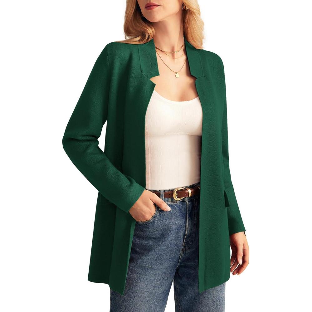 imageGRACE KARIN Womens 2025 Long Sleeve Open Front Knit Cardigan Notch Collar Sweater Blazer Jacket Fall Winter ClothingDeep Green