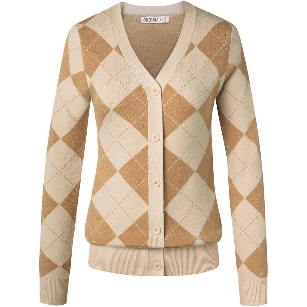 imageGRACE KARIN Womens Cardigan Sweater Fall Long Sleeve Argyle Sweater V Neck Button Up Cardigan Color Block Preppy ClothesApricot Ivory