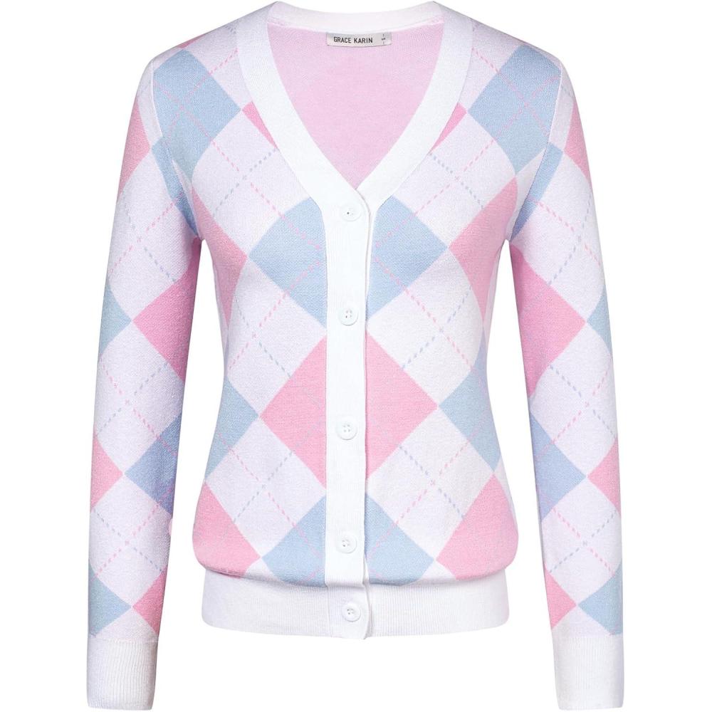 imageGRACE KARIN Womens Cardigan Sweater Fall Long Sleeve Argyle Sweater V Neck Button Up Cardigan Color Block Preppy ClothesLight Blue Pink