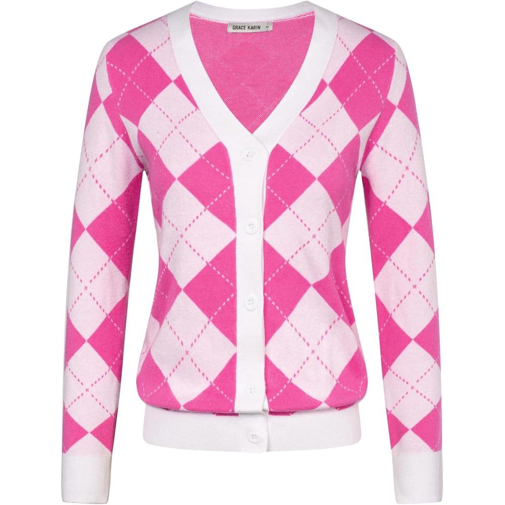 imageGRACE KARIN Womens Cardigan Sweater Fall Long Sleeve Argyle Sweater V Neck Button Up Cardigan Color Block Preppy ClothesPink White